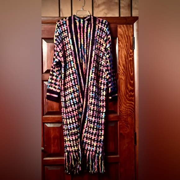 New Multicolor black long bohemian cardigan coat with fringes size s/m - Picture 14 of 15